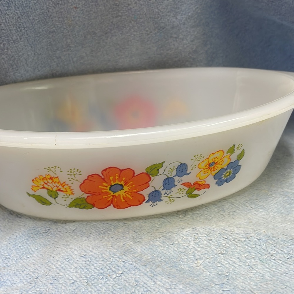 Jeanette Glasbake Orange Flower Bluebell oval Casserole J-235 1980